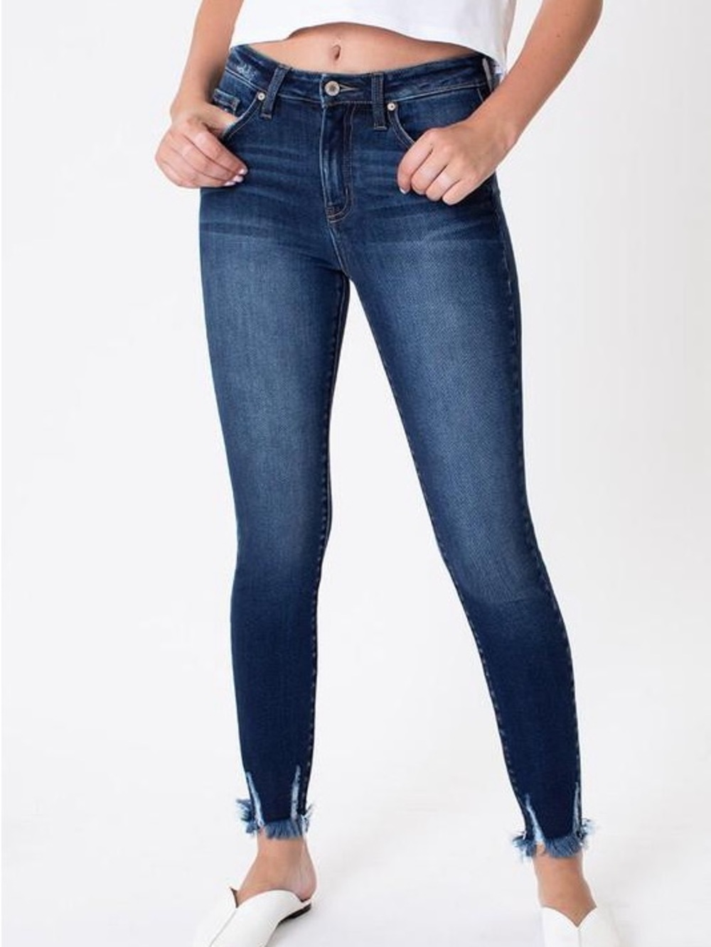 KanCan Dark Blue High-Rise Skinny Jeans with Frayed Ankles